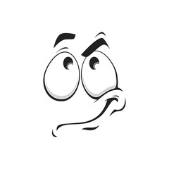 Fototapeta premium Cartoon face vector icon, funny thinking emoji, thoughtful tense facial expression with eyes looking up, smart feelings isolated on white background