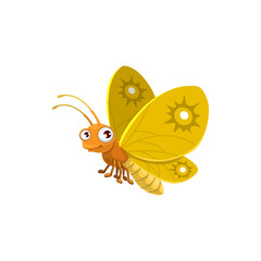 Cartoon butterfly vector icon, beautiful flying insect with yellow wings, cute face and big eyes. funny mascot, design element. Wild creature isolated on white background