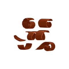 Chocolate shavings or pieces of sweet food isolated 3D realistic icon. Vector cocoa choco production, sweet dessert, curls for cake decoration, brown delicious cuttings of homemade bitter chocolate