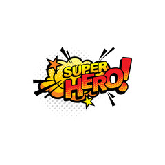 Super hero pop art comics half tone bubble vector icon. Cartoon retro sound cloud blast explosion with stars and dotted pattern. Halftone superhero boom bang colorful explosion isolated symbol
