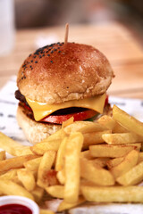         Hamburger served with french fries and ketchup