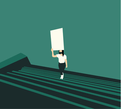 Woman walk on the stair holding blank posters to protest,uprising or strike in city street.Activism for equal human rights. Protest, revolution, conflict. Flat vector illustration.