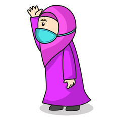 Muslim girl use pink dress and hijab traditional muslim. happyfull in eid mubarak or eid al fitr, using mask and healthy protocol.Character illustration.