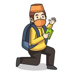 Muslim man use yellow dress traditional muslim. happyfull in eid mubarak and give gift to muslim children, using mask and healthy protocol.Character illustration.