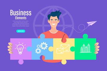 Business people assembling jigsaw puzzle and represent team support. Concept of teamwork, business cooperation, collective project work. Modern flat colorful vector illustration.