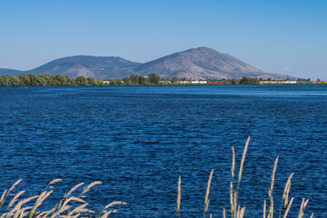 A view of Stukel Mountain across Lake Ewauna on a sunny day in Klamath Falls, Oregon.