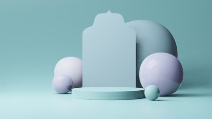 Step Stage Podium Stage backdrop with Arabic arch . 3d rendering