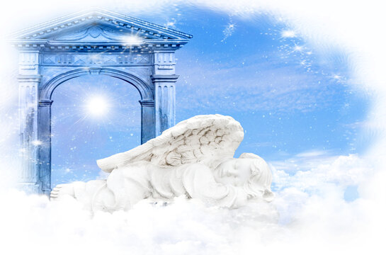 Angel sleeping on clouds. In the background the gate to heaven. Place for text