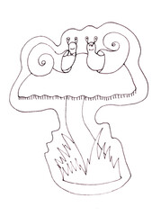 Two snails on a mushroom cap, graphic black and white drawing on a white background