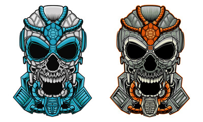 Two heads of mecha skulls illustration