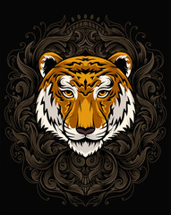 illustration tiger head with vintage engraving ornament