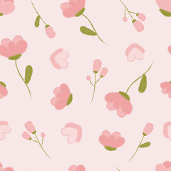 Lovely pink floral with cute heart shapes seamless vector repeat pattern design. Art design for paper, cover, fabric, interior decor and other users.