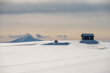 冬の 美瑛の丘と十勝岳連峰

