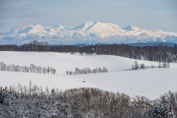 Fototapeta na wymiar 冬の美瑛の丘と山の風景
