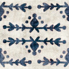 Seamless grungy tribal ethnic rug motif pattern. High quality illustration. Distressed old looking native style design in shades of gray and cream. Old artisan textile seamless pattern.