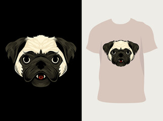 illustration pug dog head with t shirt mockup