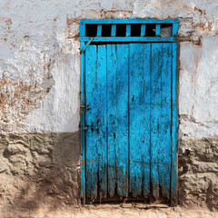 Facade with turquoise wooden door, Cusco city, Peru.
