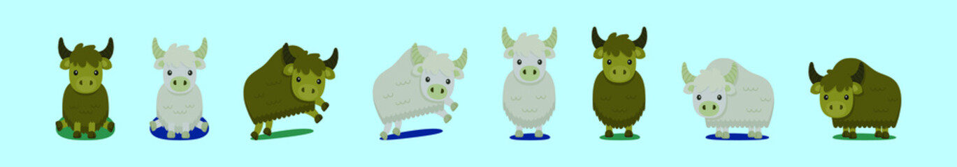 set of yak cartoon icon design template with various models. vector illustration isolated on blue background