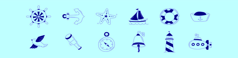 set of nautical cartoon icon design template with various models. vector illustration isolated on blue background