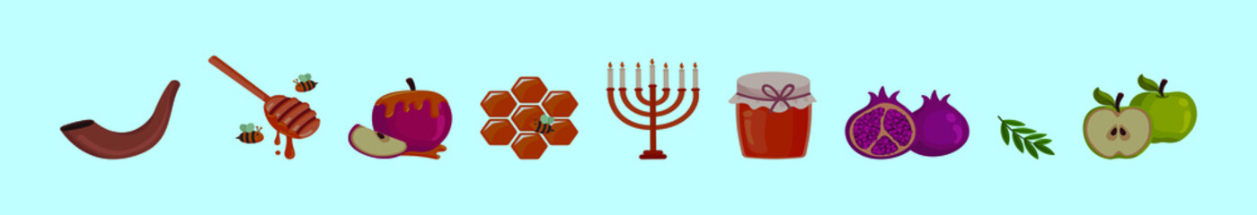 rosh hashanah jewish holiday elements cartoon icon design template with various models. vector illustration isolated on blue background