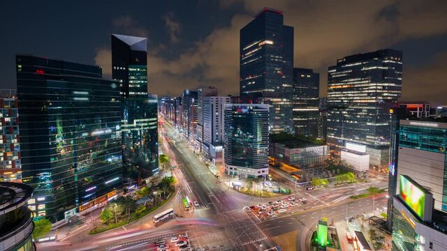 Seoul downtown time lapse Beautiful aerial shot of gangnam sqarea and  traffic night lights south korea