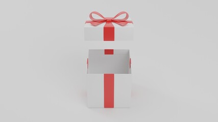 Simple background image of a white gift box with a red ribbon. 