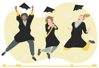 Happy diverse students celebrating graduation with jump expression