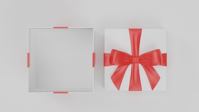 Simple background image of a white gift box with a red ribbon. 