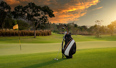 Golf club bag for golfer training and flat play in game with golf course background , green tree...