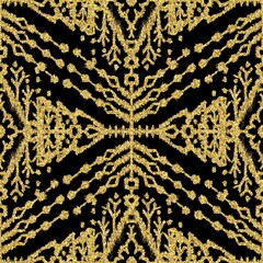 Seamless gold glitter on black tribal ethnic rug motif pattern. High quality illustration. Boho nomad textile print. Abstract gypsy design. Seamless repeat raster jpg pattern swatch.