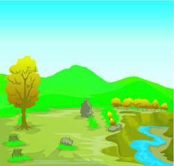 rural landscape with river and mountain background 