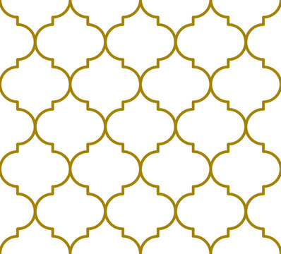 Quatrefoil style outline repeating pattern in gold color outline on a white background, geometric vector illustration