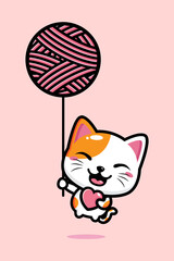 cartoon cute lucky cat vector design is flying with a balloon in the spool of yarn