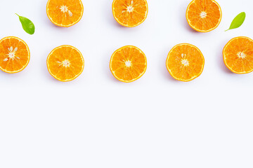 Fototapeta na wymiar Orange fruits on white background. Citrus fruits low in calories, high in vitamin C and fiber