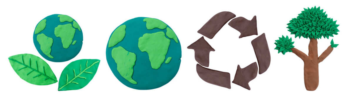 The world or the green planet is made of clay plasticine.global and leaf made from plasticine clay on white background