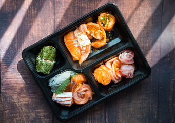 Various of fresh salmon sashimi. The concept of alternative of food business during Covid-19 outbreak
