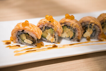 Grilled salmon roll sushi. Japanese food