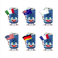 Berry soda can cartoon character bring the flags of various countries