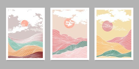 set of creative minimalist modern line wave pattern vector art print. Abstract mountain contemporary aesthetic backgrounds landscapes. with mountain, forest, sea, skyline, wave. vector illustrations