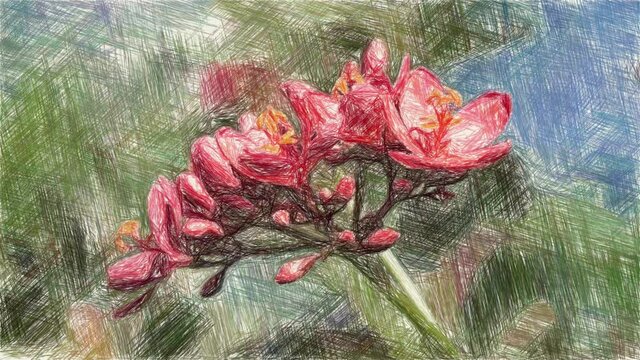 art drawing color of Jatropha integerrima flower in nature garden