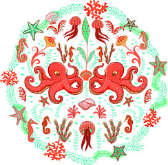 Obraz premium Round composition with octopuses, seashells, seaweed, jellyfish, seahorses on a transparent background. T-shirt design, logo, sticker, home decor.