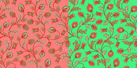 Two seamless floral patterns in oriental style. Coral and turquoise background. Indian style. Kalamkari.