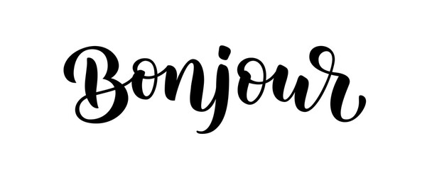 Bonjour word lettering. French hello text. Hand drawn bonjour quote. Brush calligraphy phrase. Vector illustration for print on shirt, card, poster etc. Black and white. © barrirret