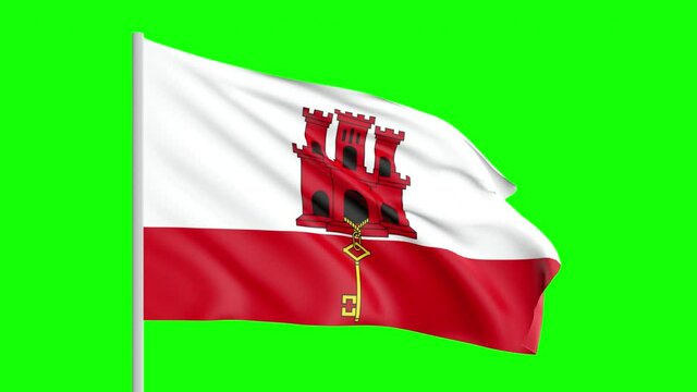 National Flag Of Gibraltar Waving In The Wind on Green Screen With Alpha Matte