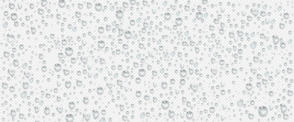 Condensation water drops on transparent background. Rain droplets with light reflection on window or glass surface, abstract wet texture, pure aqua blobs pattern, Realistic 3d vector illustration - obrazy, fototapety, plakaty