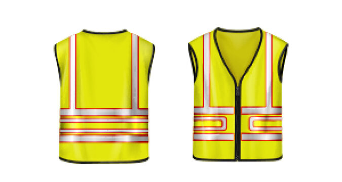 Safety vest front and back view, yellow sleeveless jacket with reflective stripes for road works, waistcoat mockup with fluorescent protective design elements Realistic 3d vector illustration, mock up