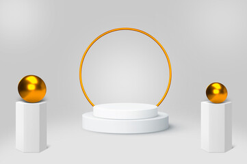 round podium for product display with spherical 3d rendered golden balls