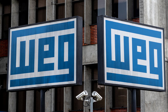 Sao Paulo, Brazil, February, 20, 2021. Plate with the logo of the WEG equipment industry, at the headquarters of the company's office building in S&atilde;o Paulo.