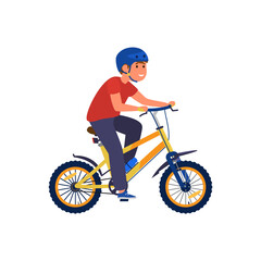 Obraz na płótnie Canvas Cute happy kid boy in safety helmet riding a bicycle a flat vector illustration.