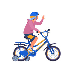 Fototapeta premium Teen boy in helmet riding bicycle flat vector illustration isolated on white.
